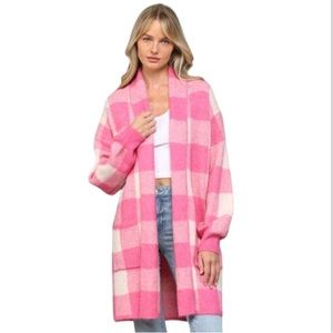 Free As A Bird Boutique Pink And White Checkered Long Soft Cardigan Size Medium